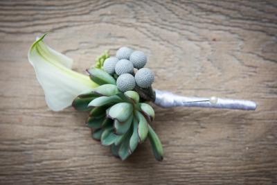 Succulent, brunia and cala lily buttonhole